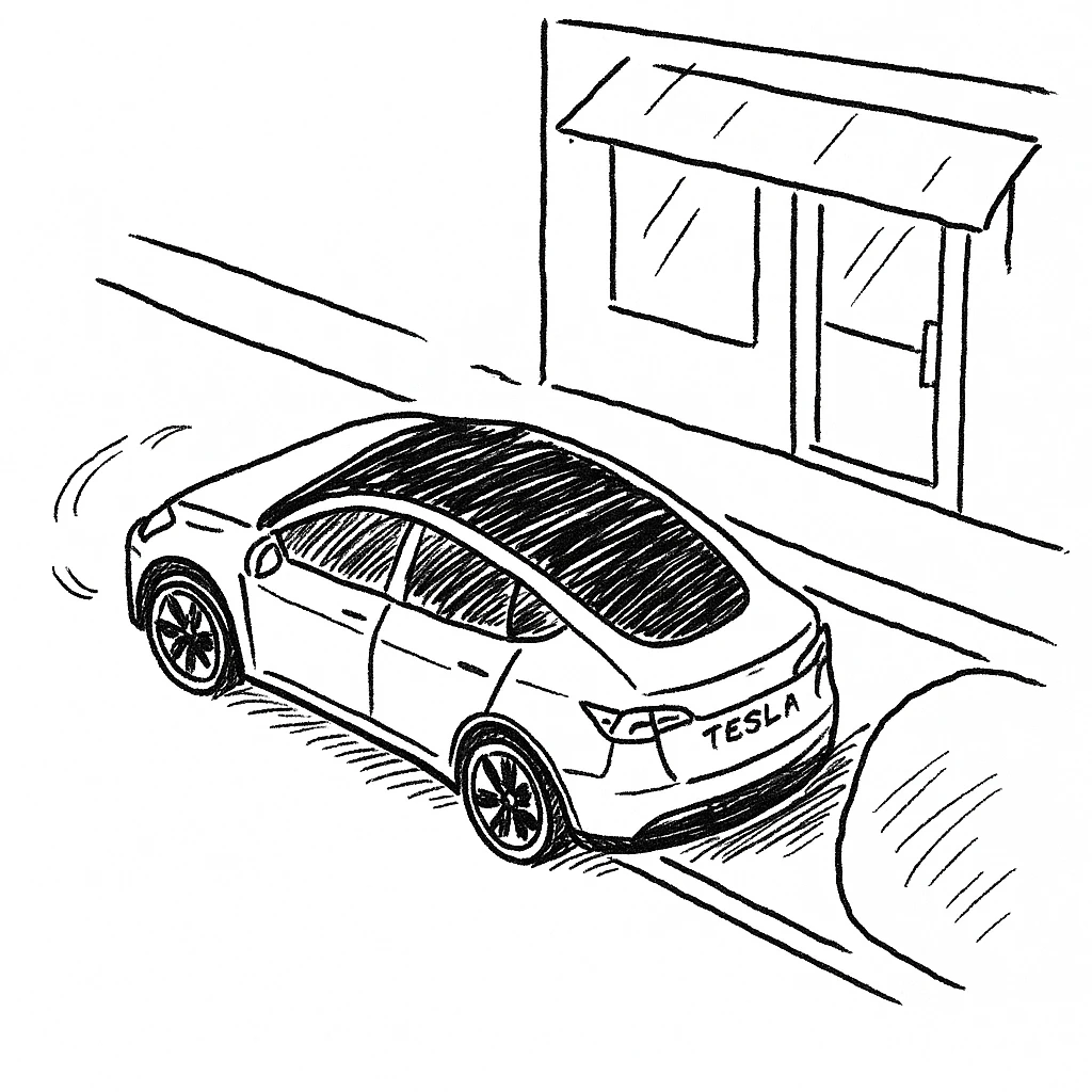 A Tesla Model Y parallel parking in front of a store, from above emoji