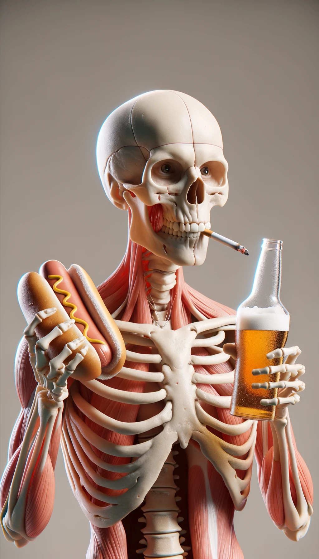 CORPO UMANO ANATOMICO TIENE UNA SIGARETTA IN BOCCA E STA FUMANDO MENTRE TIENE TRA LE BRACCIA UNA BIRRA E WURSTEL CONFEZIONATI, LI GUARDA CON ESPRESSIONE INDECISA IN VOLTO, NEUTRAL CLEAR BACKGROUND, iperrealistico 4k emoji