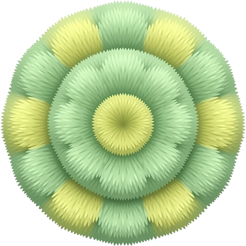 green and yellow a fluffy round rug, soft pastel color, cozy aesthetic bedroom decor, 3D render inspired by Barbie colour palette emoji