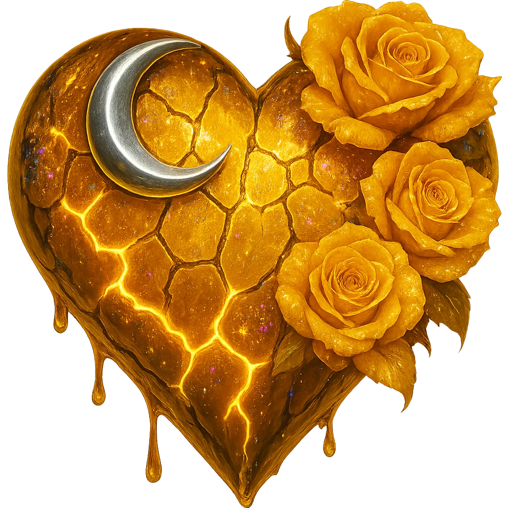 Edit the gothic heart to use fractured deep yellow glass, a silver crescent moon, yellow roses, iridescent holographic stardust, neon lightning bolts, and a wet, shiny finish. Keep the background transparent. The style should maintain the gothic heart's original aesthetic with these new elements. emoji