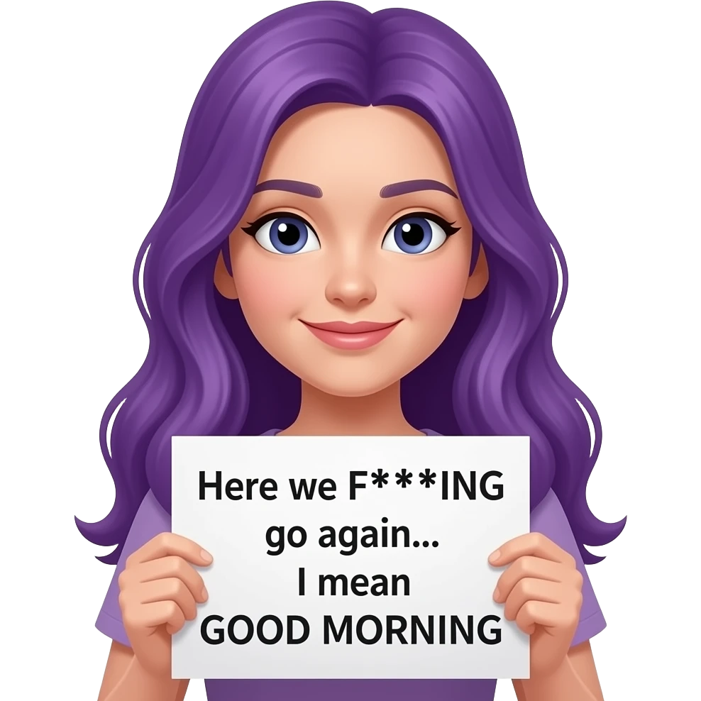 girl with long purple hair holding a Here we F***ING go again... I mean GOOD MORNING sign emoji