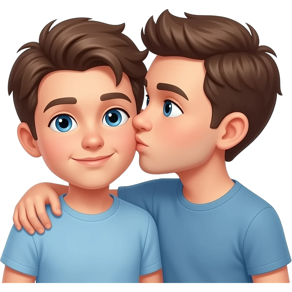 Erstelle ein Emoji von zwei Brüder, der eine um die 19 und der andere um die 25, der älter Bruder legt sein Arm über sein jüngeren Bruder und küsst ihn auf die Wange. Beide haben blaue Augen emoji
