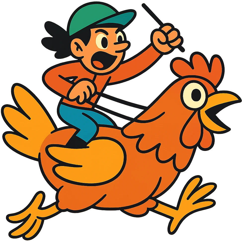 chicken jockey, vibrant cartoon style, dynamic pose, exaggerated expressions emoji