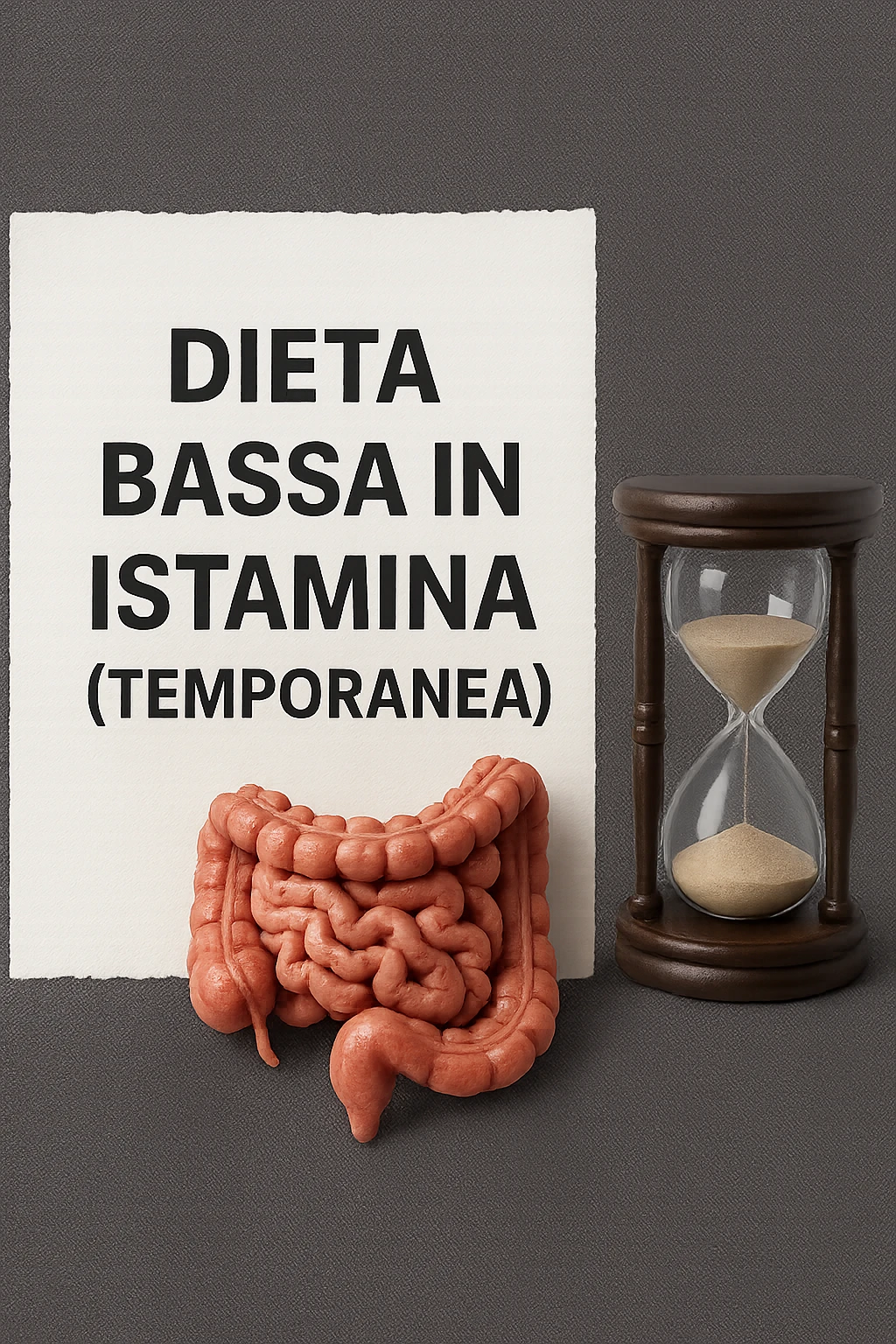 foglio di carta di una dieta con la scritta "DIETA BASSA IN ISTAMINA (TEMPORANEA), E ACCANTO CI METTI UN INTESTINO IN MINIATURA E UNA CLESSIDRA, iperrealistico 4k emoji
