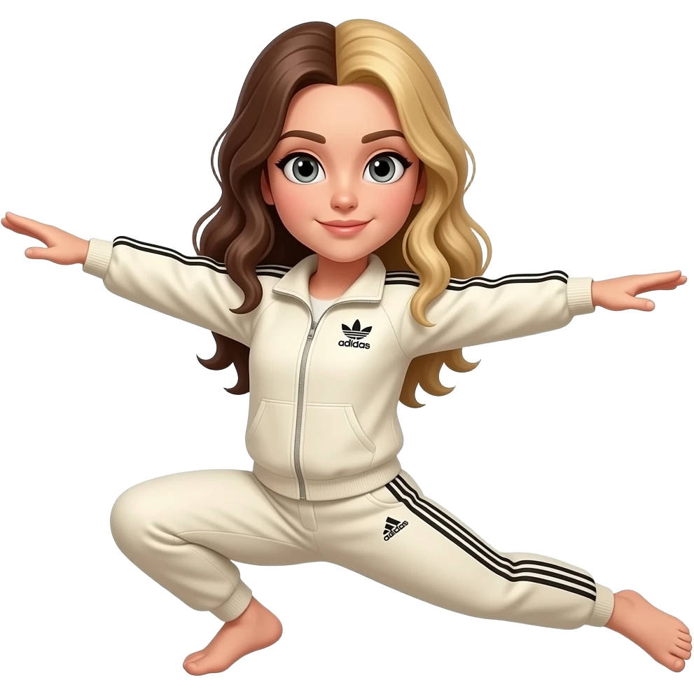 Medium brown hair with blonde highlights, hair parted to one side, thin long face, mid length hair, cream adidas track suit, doing the split in a gif moving emoji