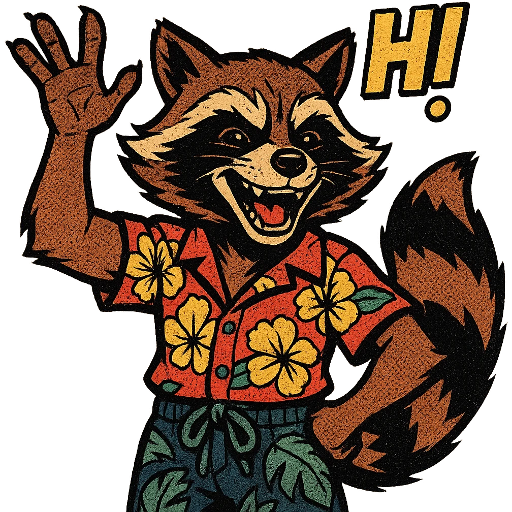 Rocket Raccoon Marvel Rivals summer skin, comic book style, waving, with text 'HI', no background, based on attached reference emoji