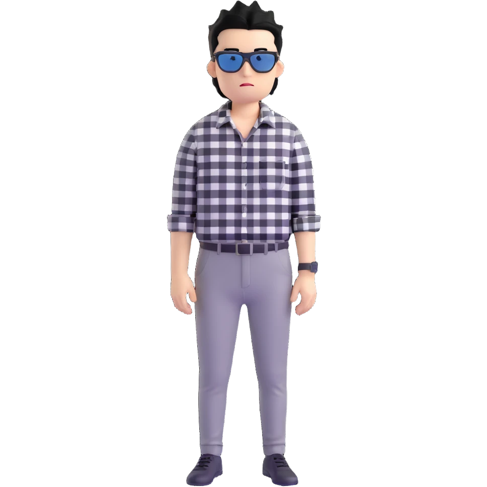 Satoru Gojo from Jujutsu Kaisen with spiky black hair, wearing black and white checkered shirt, black pants, confident expression, sunglasses on top of head emoji