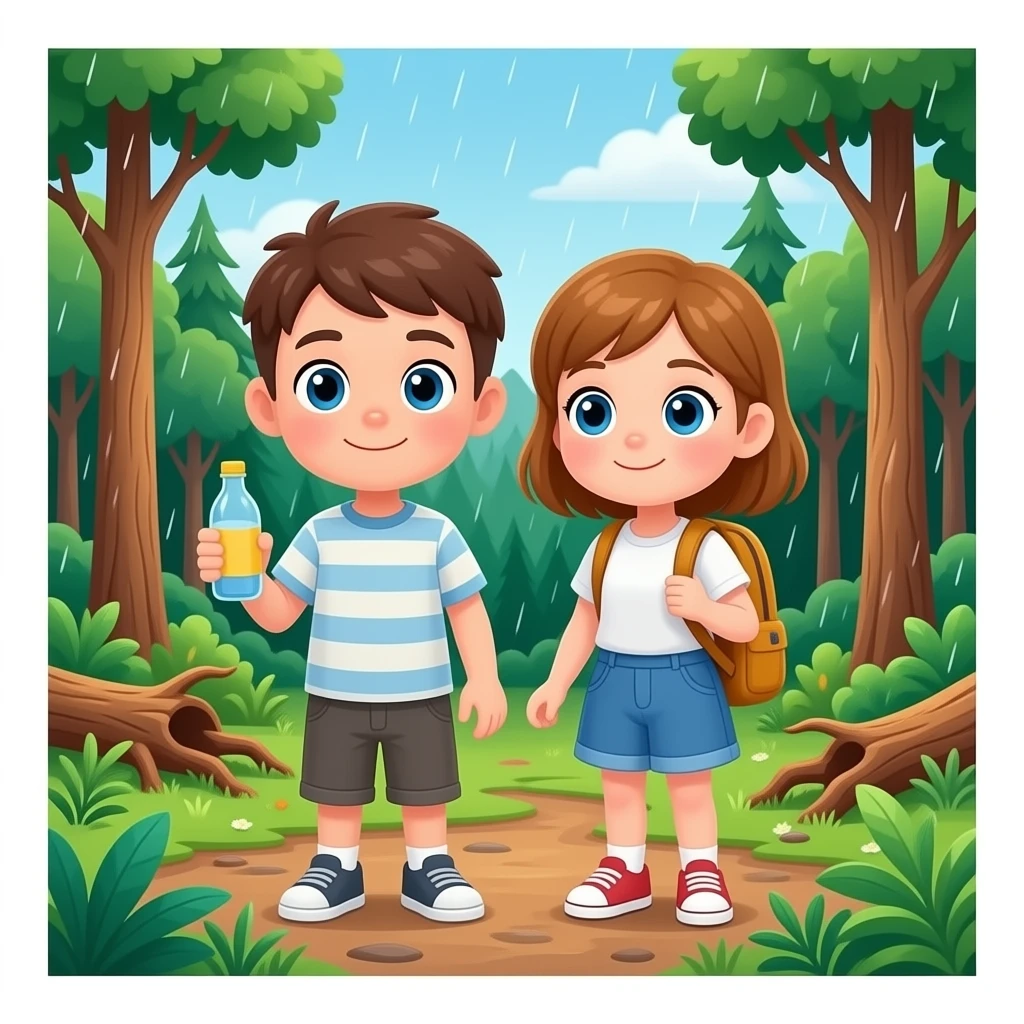 un bosque desforestado con dos niños, chico y chica  el chico castanyo i con pelo corto y la chica pelo suelto y un poco rubia pero castaño y los dos tienen ojos azules son hermanos con uno una botella i otro una mochila. esta lloviendo emoji