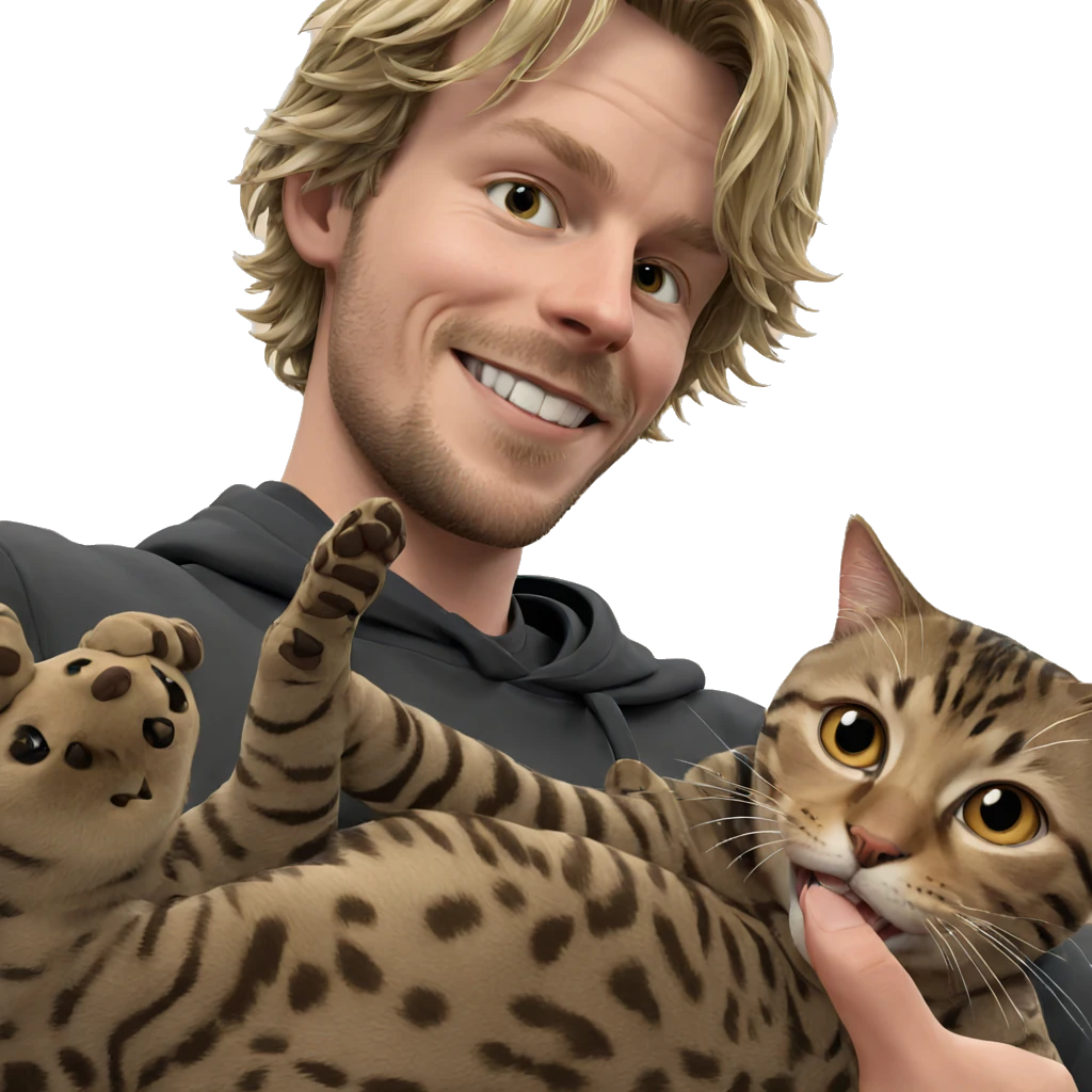 blonde boy smiling with cat emoji