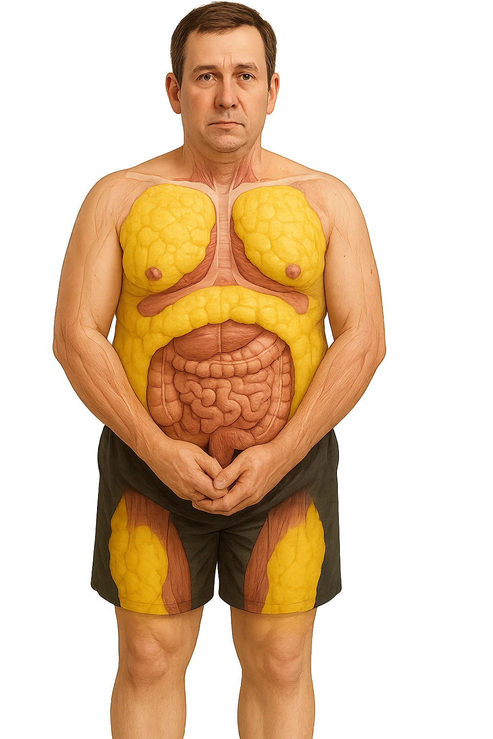 a middle-aged man stands in a clinical setting, with semi-transparent overlays highlighting areas of excess body fat accumulation—such as the abdomen, chest, and thighs. The fat tissue is shown in yellow, contrasting with underlying muscles and organs. The man’s expression is neutral, and the background is clean and modern, emphasizing the educational aspect. senza scritte emoji
