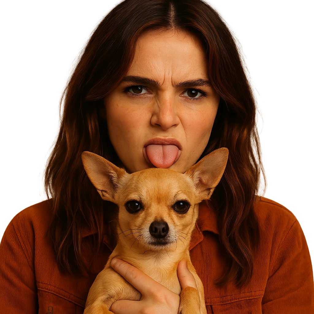 Create a centered portrait for an Instagram profile image inspired by the facial features visible in the reference images of Zoe Deutch. The subject has a tanned complexion with subtle freckles, wearing a shirt in color #FFF8CA and a rust-colored jacket. Hair is medium-length brown with auburn highlights. The expression is rebellious and playful. The subject is holding an expressive and cute beige-brown chihuahua. The style is inspired by a Netflix series with an intimate and expressive atmosphere reminiscent of Tenerife. The background should be transparent. emoji