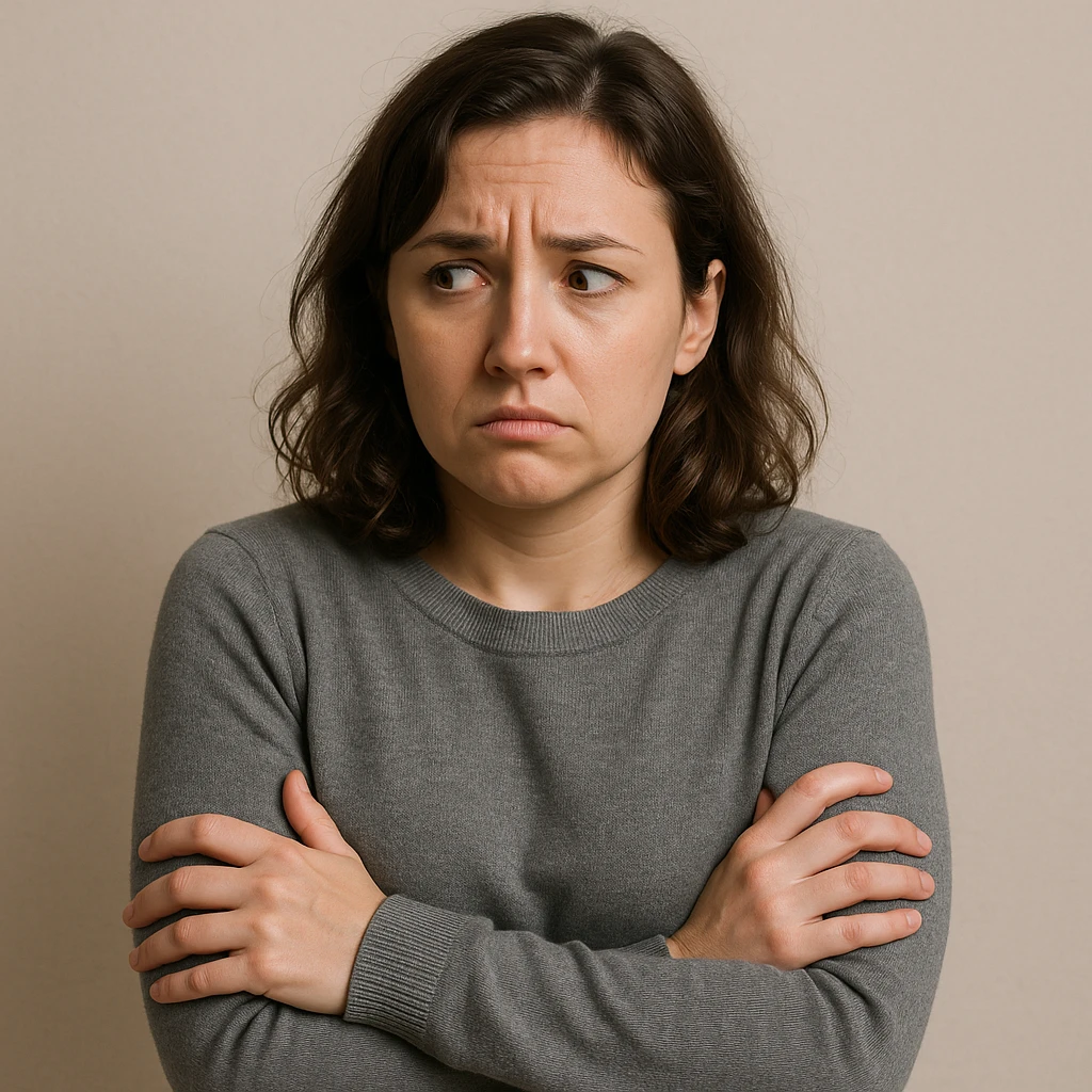 a woman with a worried face, arms crossed protectively, glancing sideways, body language showing insecurity, simple background emoji