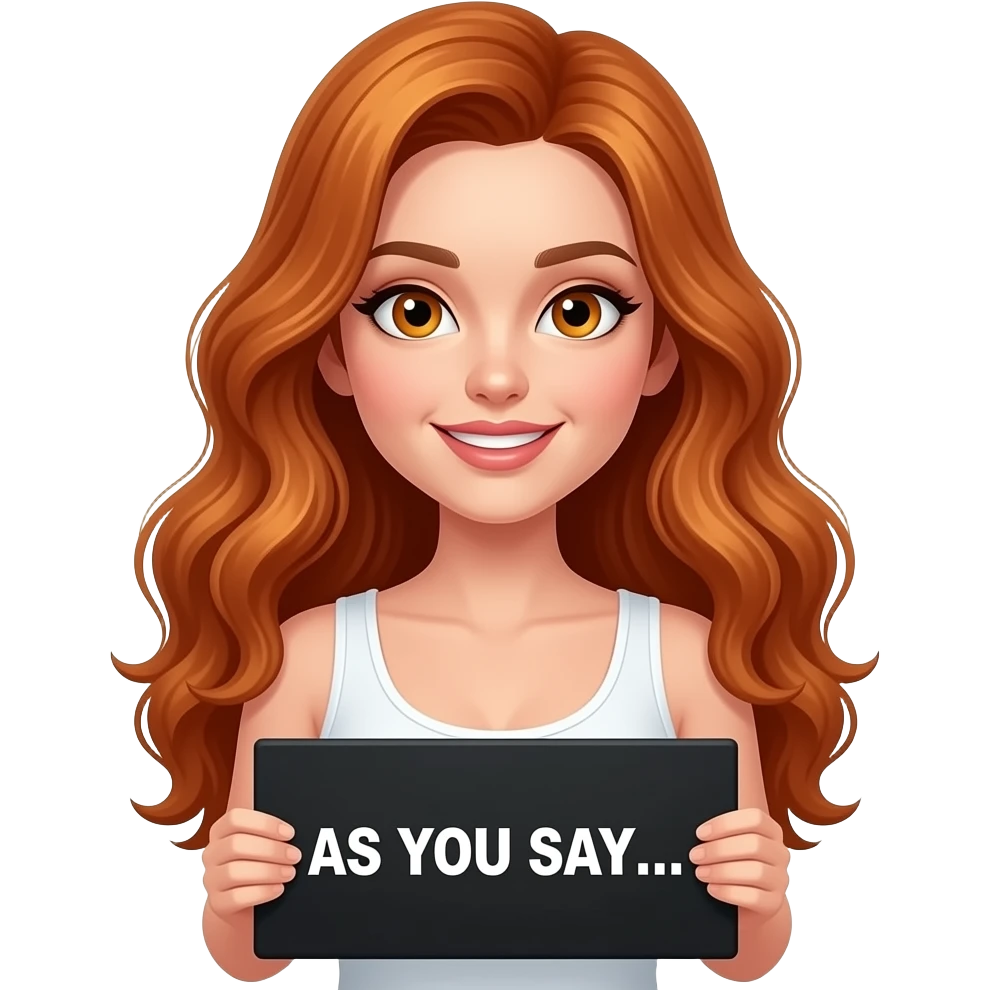 sexy girl with long wavy ginger hair and ginger eyes wearing a white tanktop is holding a black colored sign with AS YOU SAY... written on it emoji