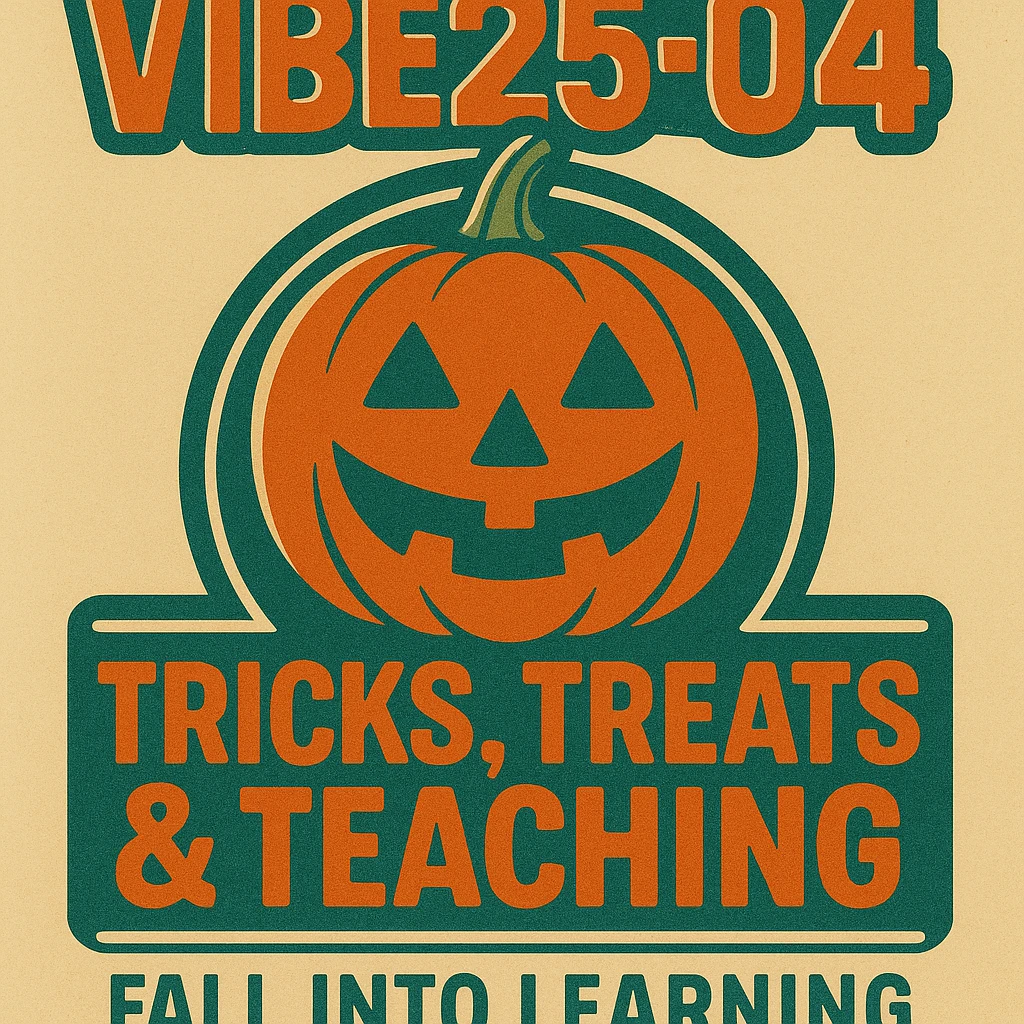 Create a logo that encompasses a retro 80's feel, nostalgic, ALSO RETRO.  Add the words "VIBE25-04: Tricks, Treats & Teaching: Fall Into Learning" emoji