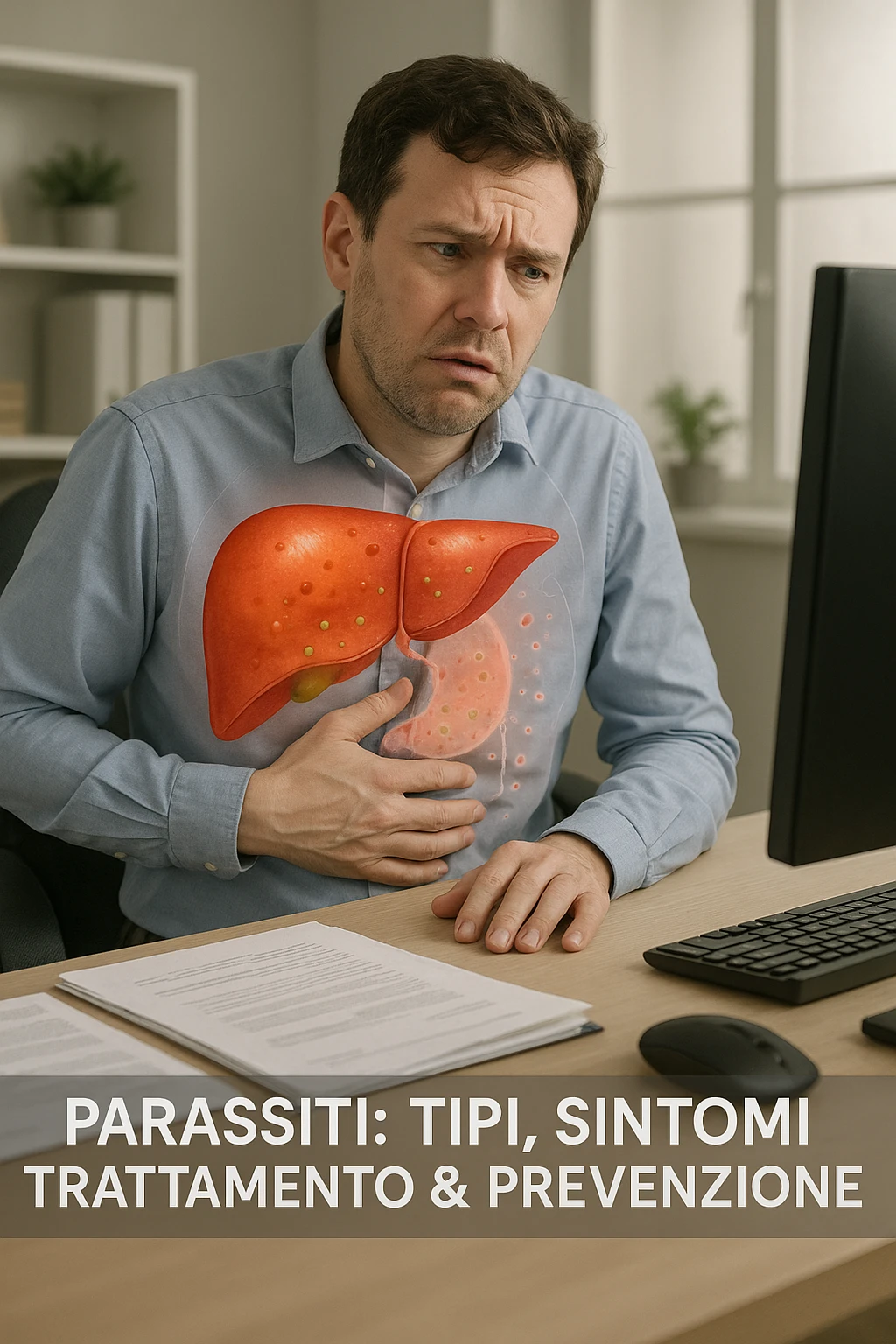Man sitting at office desk experiencing subtle symptoms of liver dysfunction, upper abdominal pain, nausea, and unexplained fatigue Parasites: Types, Symptoms, Treatment & Prevention, expression of confusion about vague health issues, liver shown in transparent overlay with early inflammation, toxins beginning to accumulate in bloodstream, productivity declining as liver struggles to filter properly in italiano emoji