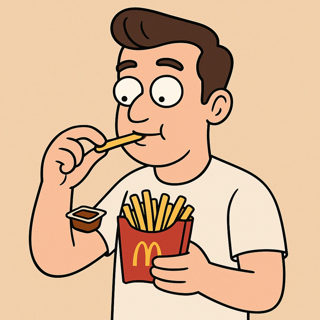 Side oil head brown hair white shirt beige shirts  eating mcdonalds fries some sauce emoji