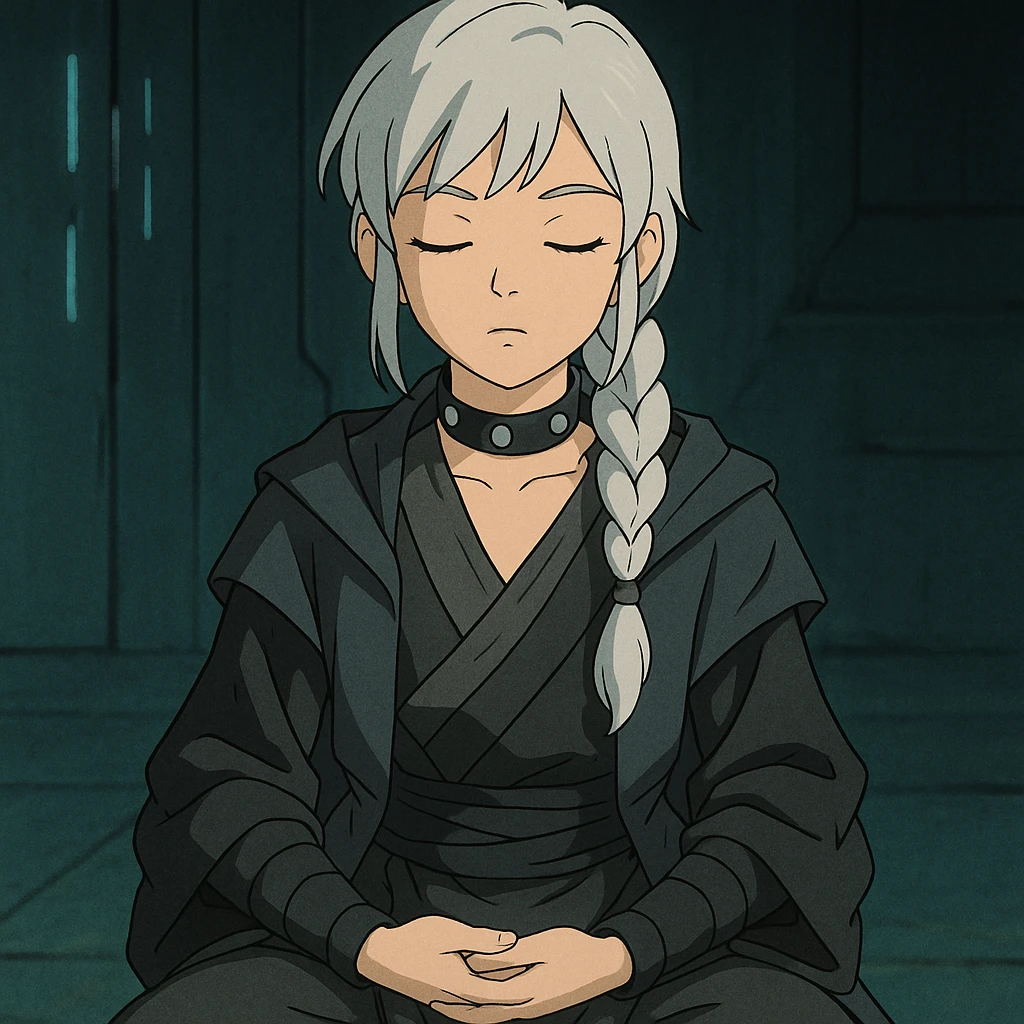  a closeup portrait of young woman with gold yellow eyes, white hair, long braid, black off-shoulder top, punk gothic style, futuristic cyberwave cyberpunk,  jedi attire, kneeling and gathering chi, jedi meditate, eyes closed hands at full rest emoji