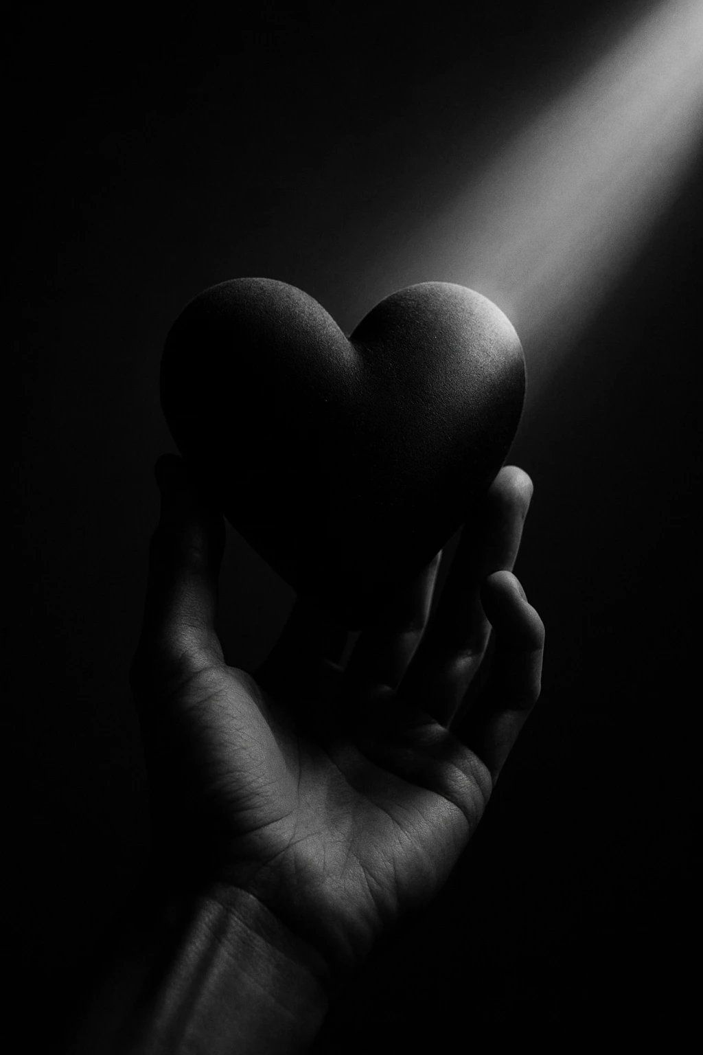 A hand holding a dark monochrome heart with a ray of light, aspect ratio 3x4 emoji