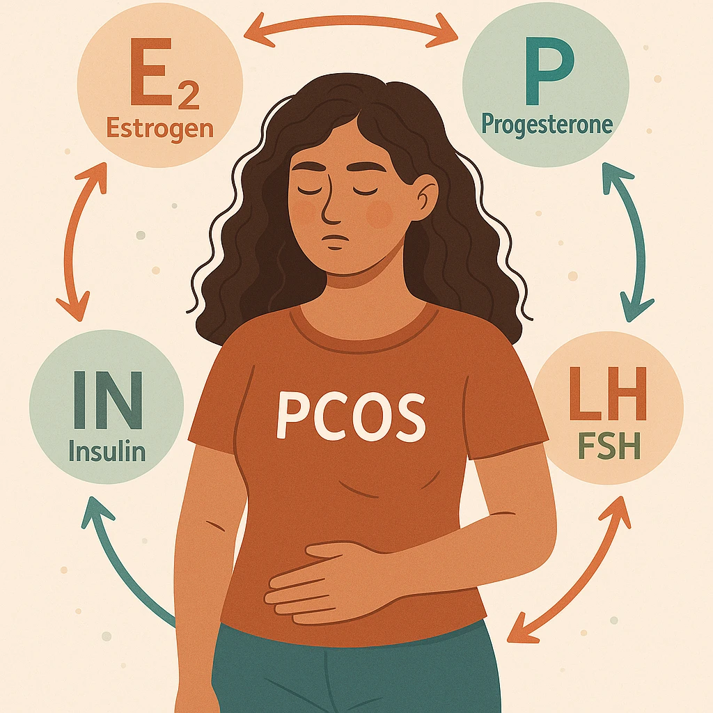 modern illustration of a woman with PCOS surrounded by hormone symbols (estrogen, progesterone, insulin, LH, FSH), arrows showing balance and interaction among them, harmonious colors, light background emoji