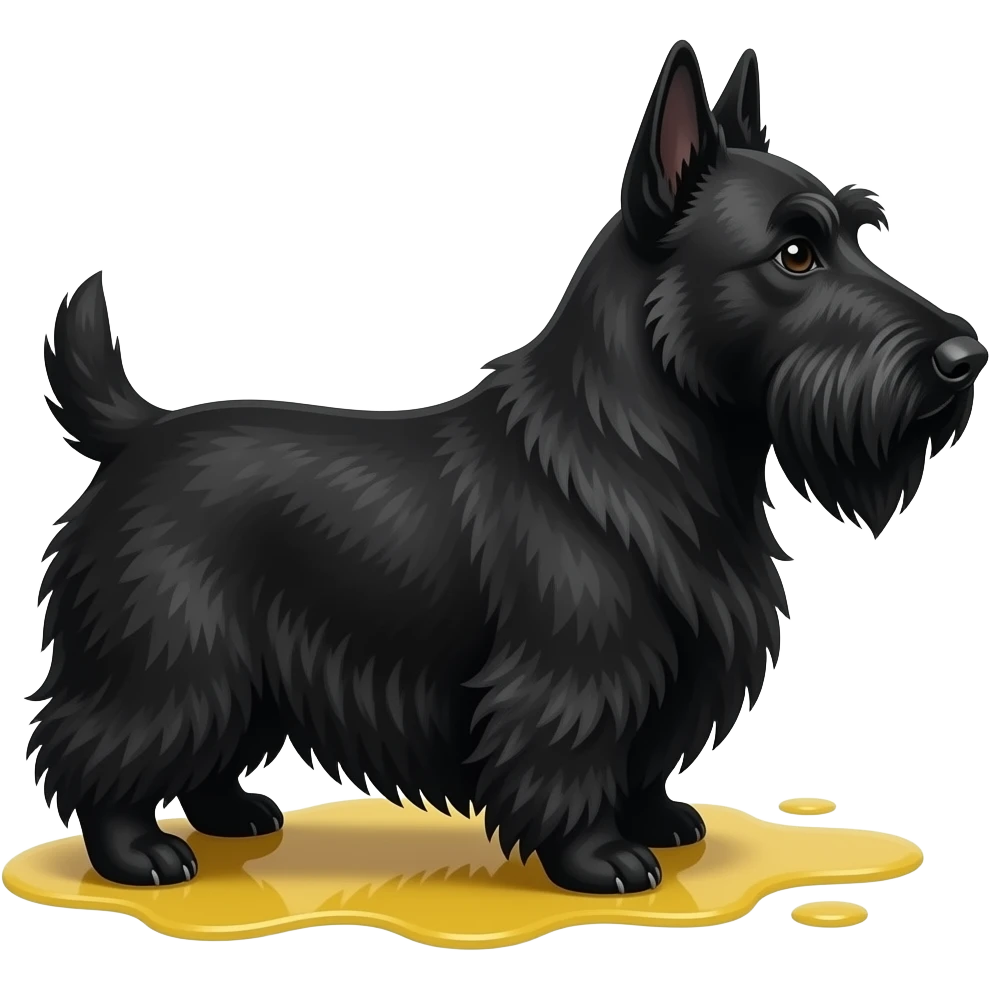 Black Scottie dog in profile with yellow urine on the floor under his back legs emoji