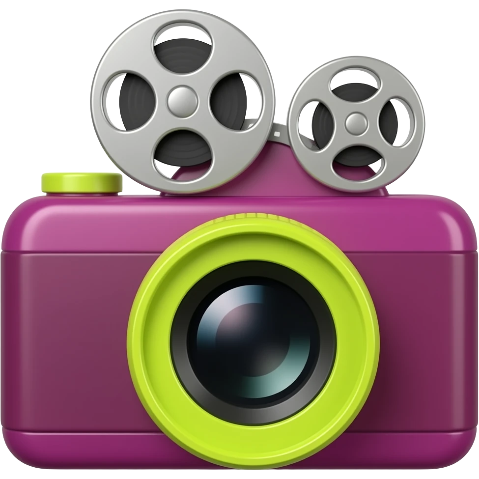 Glossy 3D rendered film camera emoji, front-facing, detailed lens barrel and film reels, slightly rounded edges, highly saturated deep magenta (#B4018C) body, vivid neon yellow (#FFF200) lens and accents, no muted tones, soft shading, white background emoji