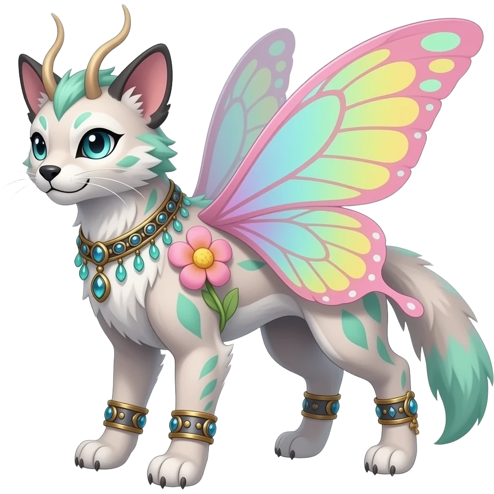 Realistic beautiful pretty majestic Quadrupedal 4-legged complex futuristic detailed dark dusky gloomy pastel pink-pastel-green-pastel-yellow-white-gradient-iridescent Fakémon-Sprigatito-Floragato-Meowscarada-Trico-Sergal-Serval-Vernid-creature, with bracelets and anklets and butterfly-wings emoji
