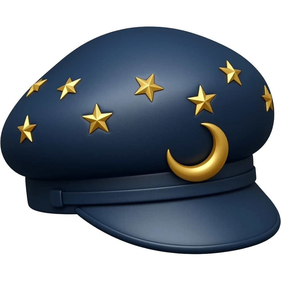 Dark navy-indigo leather Dommy Kepi hat with gold stars and a gold crescent on the side emoji