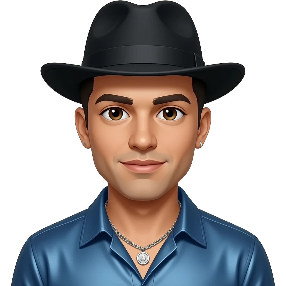 Michael Colyar with dark brown eyes, black hair, black hat, blue metallic shirt, silver necklace and short earrings emoji