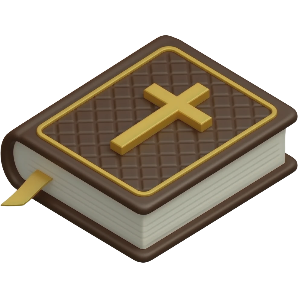 a 3D isometric brown covered bible with a Christian cross on it. emoji