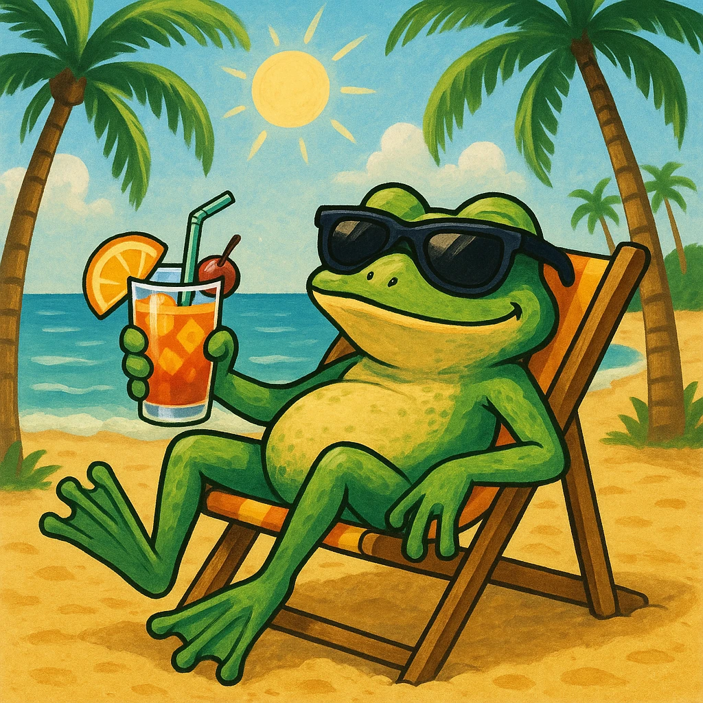 cool frog wearing sunglasses, drinking a mai tai, laying in a beach chair on the sand, tropical beach scene emoji