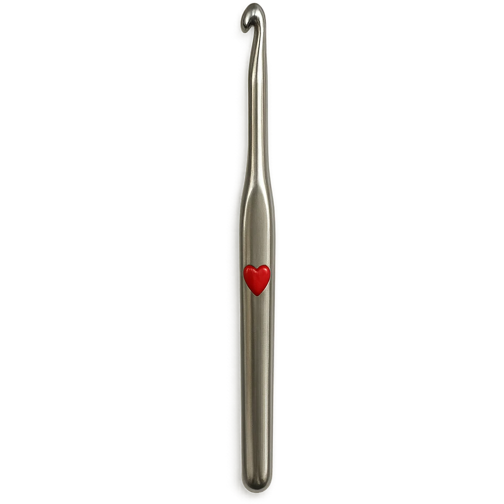 realistic crochet hook with a heart accent, shiny metal emoji