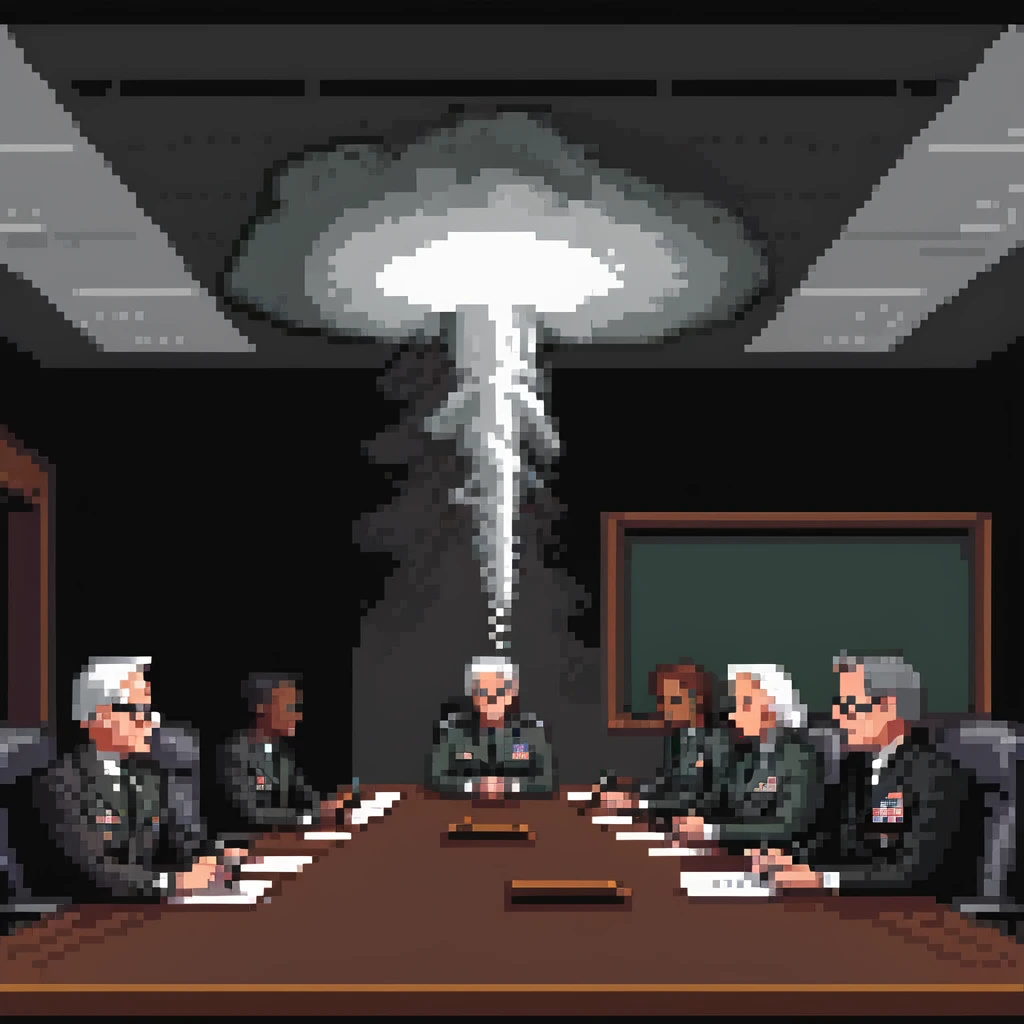 a SNES box art image of PENTAGON officials in a dark smoke filled board room meeting. cutscene graphic - 3/4 side perspective emoji