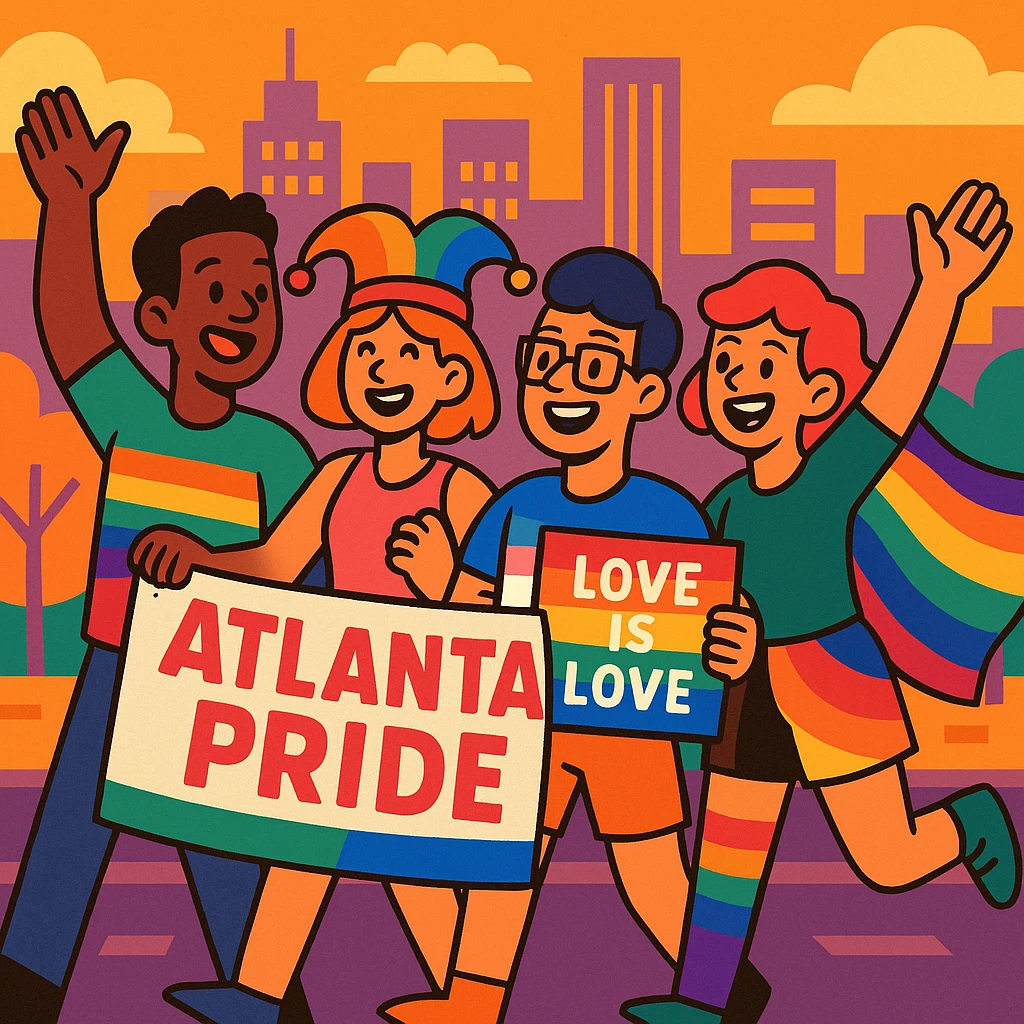 Cartoon scene of friends celebrating Atlanta Pride, holding banners and wearing colorful outfits emoji