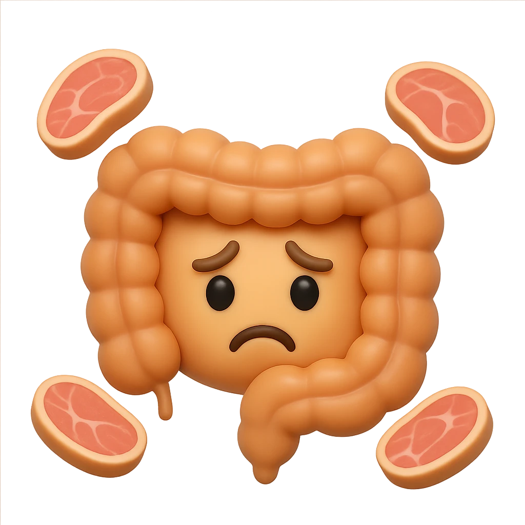emoji stile iphone in 3d di un intestino triste con fette di carne che gli fluttuano intorno emoji