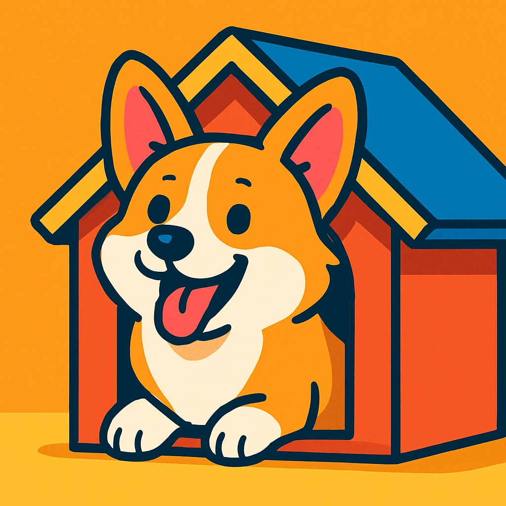 a happy corgi with its head sticking out of a dog house, vibrant toon style, cartoonish, colorful emoji