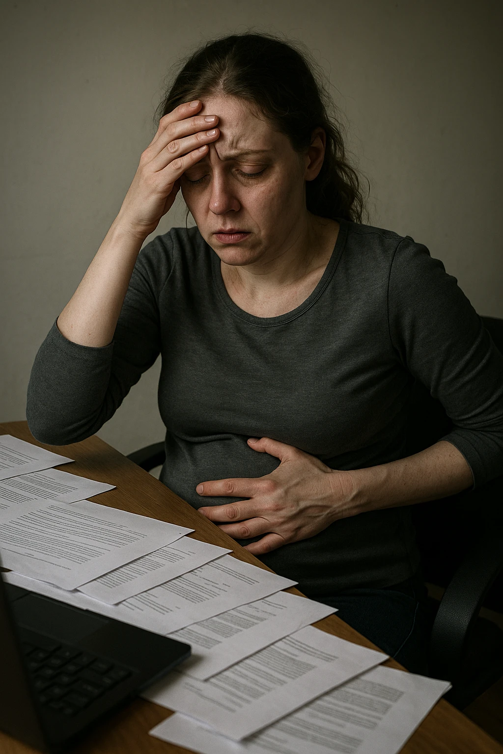 Empathetic photorealistic shot of a woman at her desk, overwhelmed by work. One hand is pressed against her forehead, the other grips her painful, bloated abdomen. Papers are scattered around her. The lighting is harsh and unflattering, emphasizing her pale complexion and the dark circles under her eyes. emoji