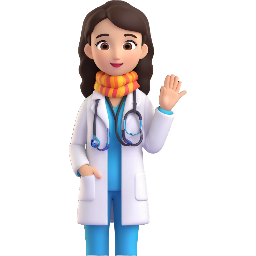 cute Mexican doctor girl, waving, stethoscope around neck, wearing white coat, bright scarf, 3D cartoon style emoji