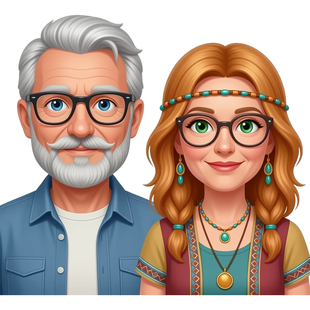 Emoji of a senior man  with blue eyes a beard mustash  wearing glasses with a mature lady dressed hippie bohemian with reddish blonde hair glasses and green eyes  both dressed casual emoji