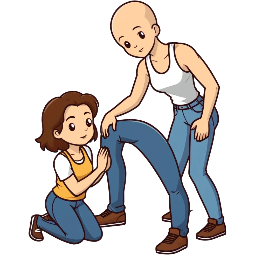  One Caucasian woman with brown hair, big boobs, wearing pants and a tank top, kneeling on the ground. A bald man is standing beside her with his jeans open emoji