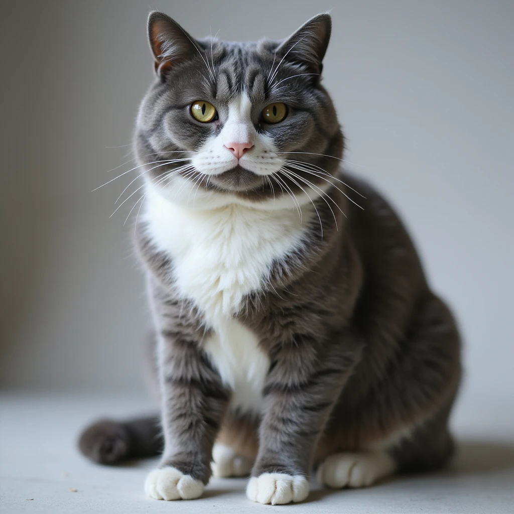 a realistic sitting cat, white nose and underbelly, gray fur, lifelike details, photorealistic style emoji
