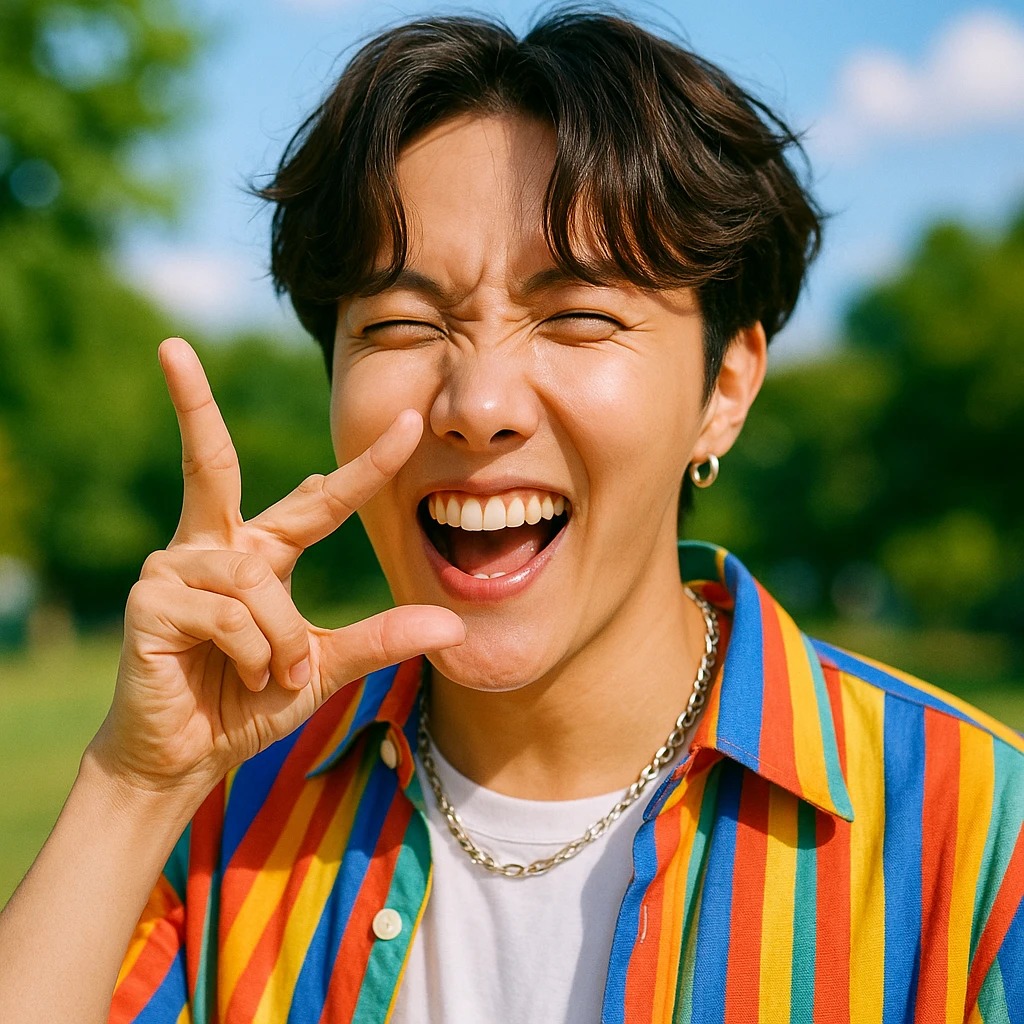 J-hope with a playful expression, making a unique hand gesture, matching the natural and vibrant style of the reference images emoji