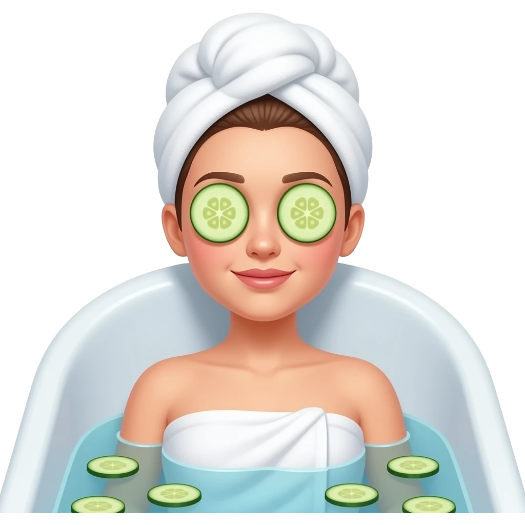 White girl with brown hair full body in a bath tub with cucumbers over her eyes and her hair in a white towel emoji