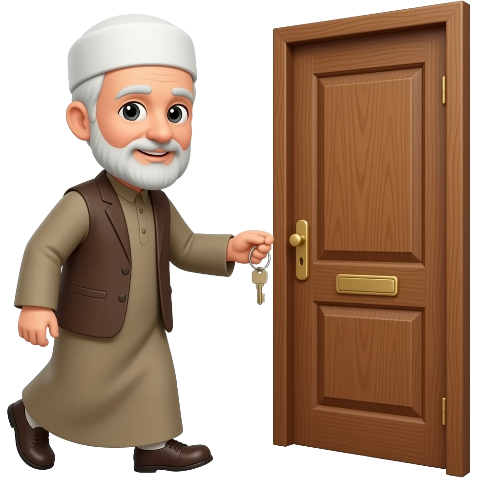 пожилой мужчина мусульманин с ключами подходит к старой деревянно двери emoji
