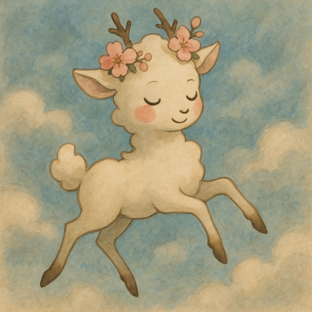 Refine this vanilla cloud doe with rosy cheeks and a cherry blossom crown to float with witch-like grace, enhancing its suitability as a brand identity mascot for social media. Keep the style soft and whimsical, and ensure the pose and expression convey magical, graceful floating energy in a ghibli style. emoji