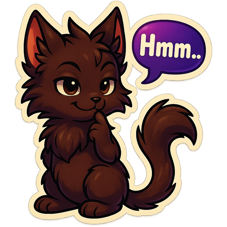 a dark-brown fluffy cute kawaii anthropomorphic furry anime cat-furry with tufted ears and a long thin tufted tail, thinking, smirking thoughtfully, saying “Hmm..” with a purple speech bubble, (cartoon style) (cute anime style) (furry style) (deviantArt style) (artist style: Kamirah) emoji