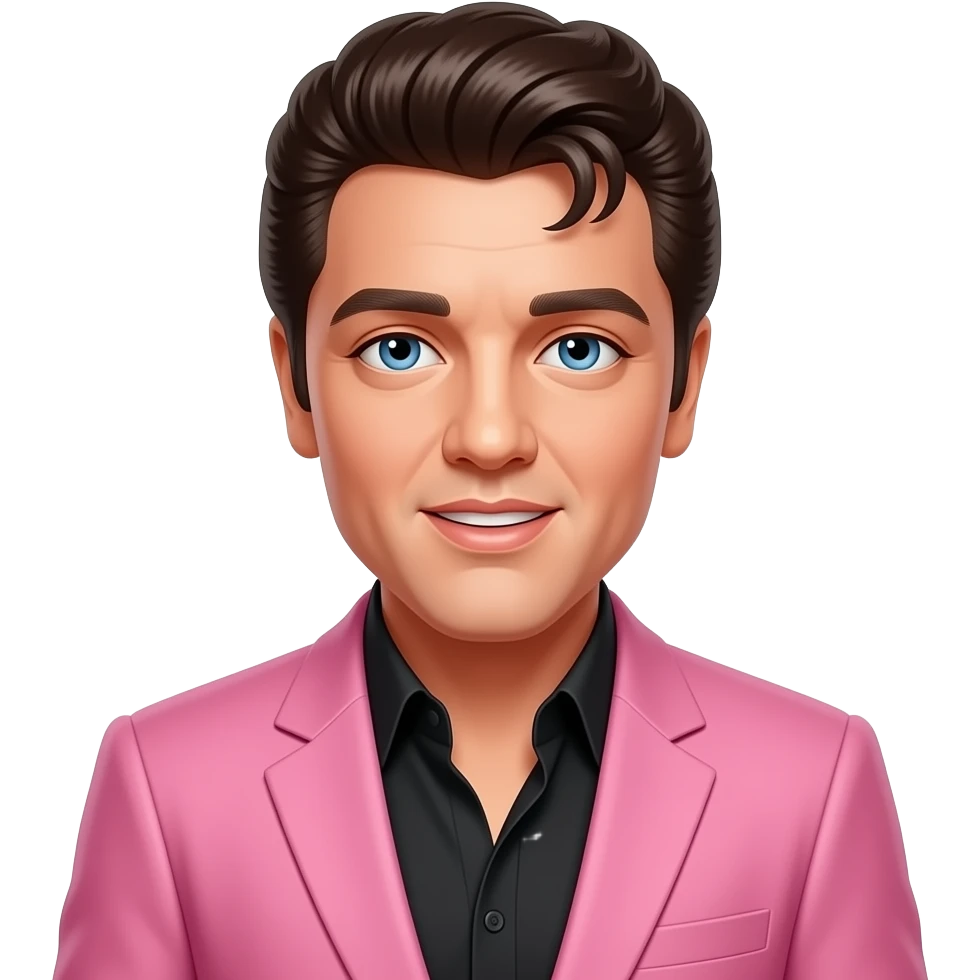 Elvis Presley with blue eyes, brown hair, black shirt, pink suit jacket emoji