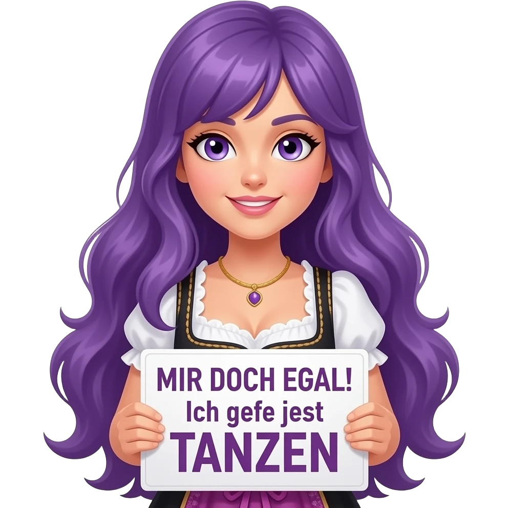 sexy girl with long purple hair and purple eyes wearing a dirndl holding a MIR DOCH EGAL! Ich gehe jetzt TANZEN sign emoji