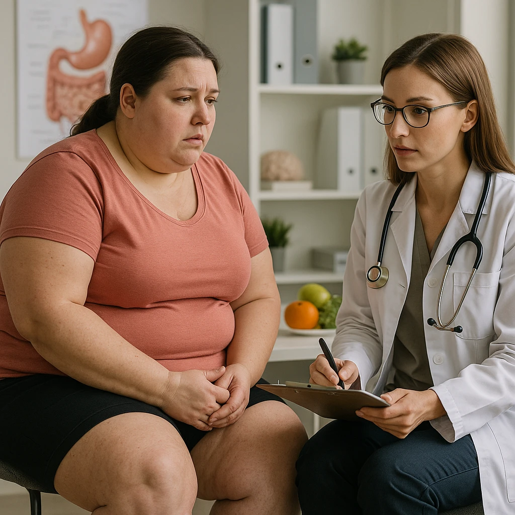 overweight woman consulting a nutritionist, stubborn fat on legs and thighs, hyper realistic 4K style, clinical scene details emoji