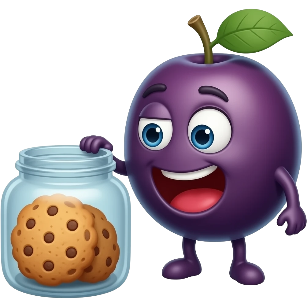 make an image of a funny giggling plum, looking intensely at a cookie jar emoji