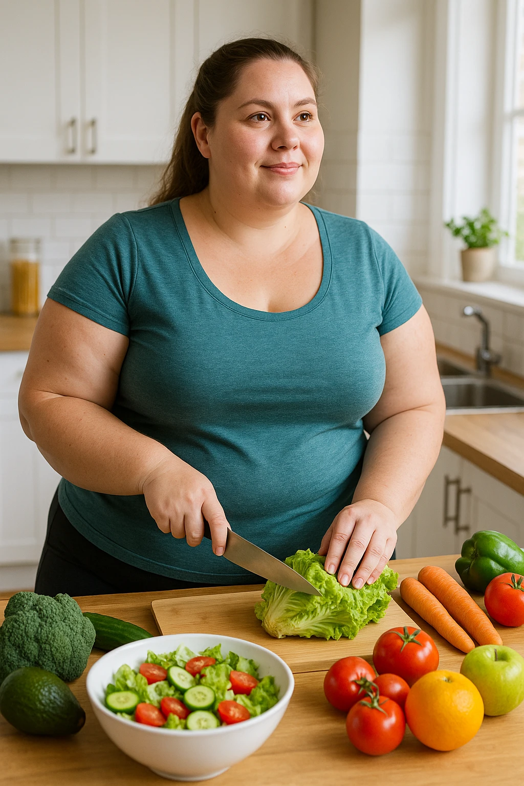 Donna con Lipedema che fa la dieta per migliorare anche a causa della sua PCOS, immagine realistica emoji